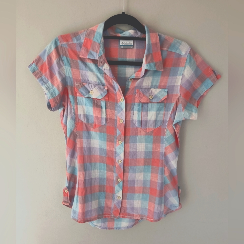 Columbia Blue White Coral Shortsleeve Shirt Size Medium